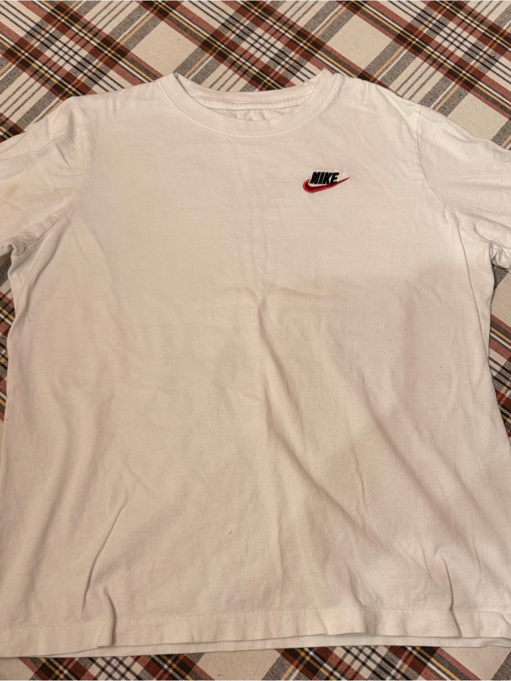 Nike White Short Sleeve Tee with Red Swoosh and Black Wordmark